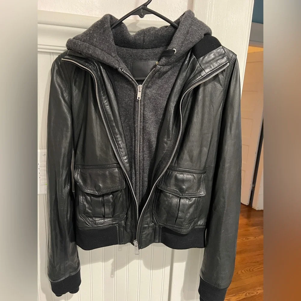 R13 Black Leather Jacket, sewn in hoodie - Picture 1 of 9